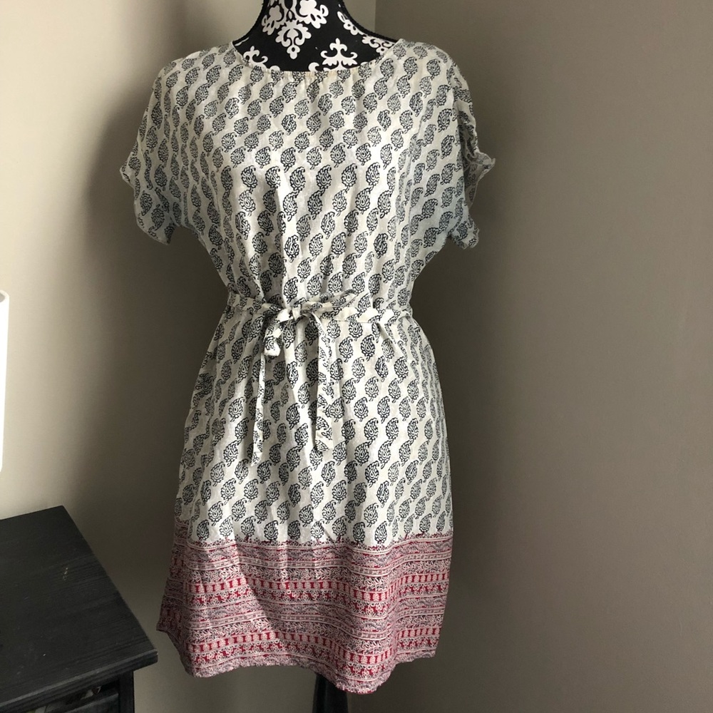 Belted Cotton Dress Paisley Ivory Cotton Small